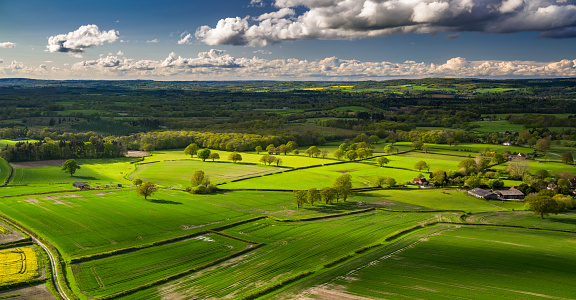 Aerial panorama of farmland around Chichester in West Sussex, England, close to the village of Cocking.