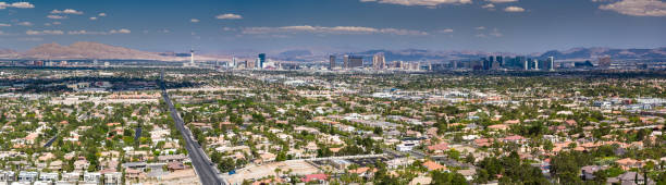 Aerial Panorama of Las Vegas Looking East Aerial panorama of Las Vegas, looking from the west across residential neighborhoods towards the Strip. nevada photos stock pictures, royalty-free photos & images