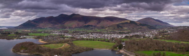 Aerial panorama of the town of Keswick in the English Lake District, taken from over Derwent Water looking back to Skiddaw.