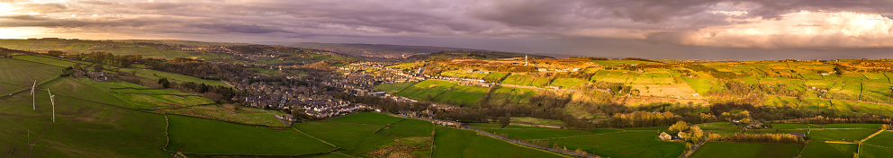 Aerial panorama of the Worth Valley in West Yorkshire, a narrow valley connecting the villages of Oxenhope, Haworth and Oakworth, famous as the home of the Bronte sisters.