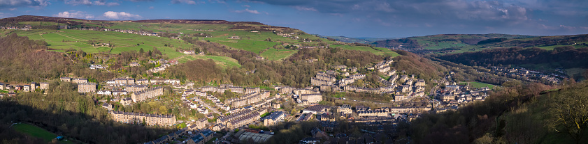 Aerial panorama of the West Yorkshire town of Hebden Bridge, a town in the steep Calder Valley.