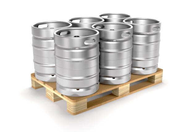 istock Aluminium beer kegs on a storage pallet (3d illustration). 997328304