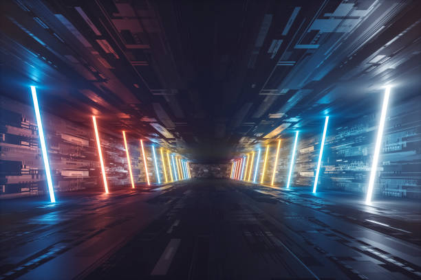 couloir lumineux sombre futuriste - space ship photos et images de collection