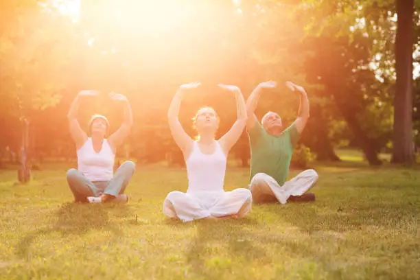 Photo of group of people practice Tai Chi Chuan in a park.  Chinese management skill Qi's energy.