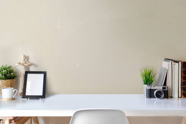 istock Office creative photographic desk with supplies, workspace and copy space. 997350422