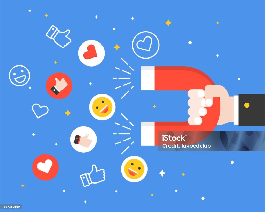 Imán que lleva de la mano de negocios y caras sonrientes, como icono símbolo y corazón, llegar a la participación en redes sociales, concepto de marketing digital del negocio de diseño plano - arte vectorial de Redes sociales libre de derechos