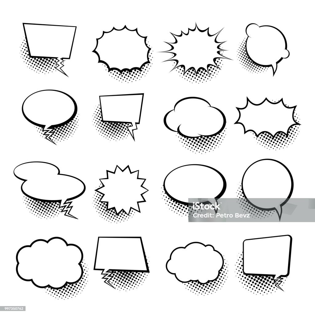 Empty comic collection trendy cloud pop art vector comic box. Comics book background template. Vector illustration Empty comic collection trendy cloud pop art vector comic box. Comics book background template. Vector illustration. Speech Bubble stock vector