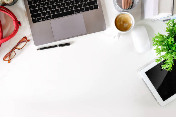 istock Office desk with laptop and office supplies. Workspace and copy space. 997351124