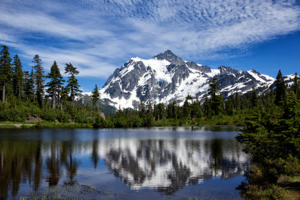 Mount Shuksan in summer, WA, USA Mount Shuksan reflection at Picture Lake. picture lake stock pictures, royalty-free photos & images