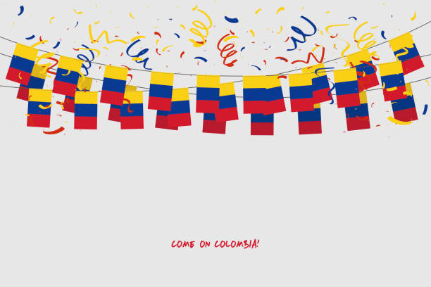 stockillustraties, clipart, cartoons en iconen met colombia garland vlag met confetti op grijze achtergrond, hang bunting voor colombia viering sjabloon banner. - gele kaart illustraties