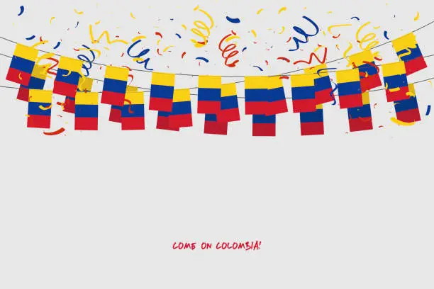 Vector illustration of Colombia garland flag with confetti on gray background, Hang bunting for Colombia celebration template banner.