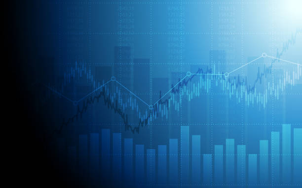 illustrazioni stock, clip art, cartoni animati e icone di tendenza di grafico finanziario astratto con grafico candelabro e mercato azionario su sfondo colore blu - graph
