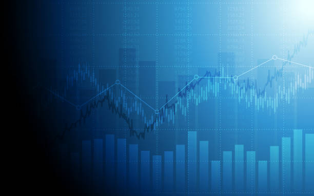 ローソク足グラフや株式市場の青い色の背景上に抽象的な金融チャート - candlestick holder chart forex graph点のイラスト素材／クリップアート素材／マンガ素材／アイコン素材