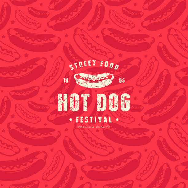 ilustrações de stock, clip art, desenhos animados e ícones de seamless pattern and emblem for hot dog restaurant - hot dog