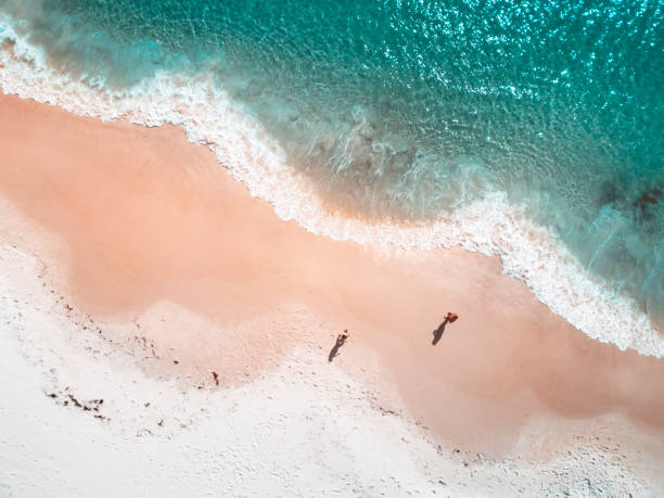 istock Aerial views of beach coastline with curving wave patterns 997406386