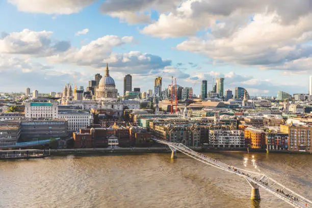 London and St Paul Cathedral at sunset, aerial view. Panoramic image of London with Thames river on foreground, and the city on background. Travel and architecture concepts