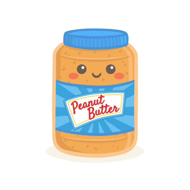 귀여운 땅콩 버터 병 병 벡�터 일러스트 만화 미소 - peanut butter stock illustrations