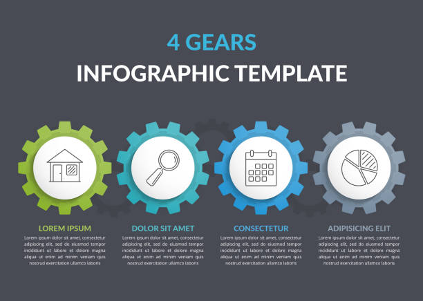 illustrazioni stock, clip art, cartoni animati e icone di tendenza di modello infografico con ingranaggio - gear machine part wheel four objects