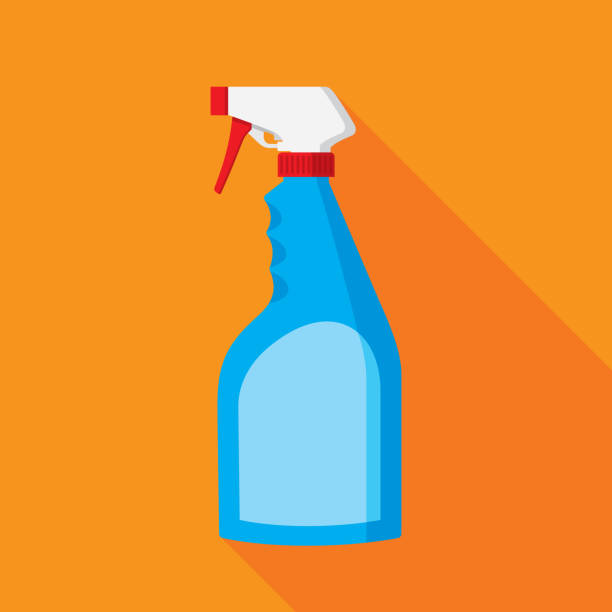 Spray Bottle Icon Flat Vector illustration of a blue spray bottle against an orange background in flat style. cleaner illustrations stock illustrations