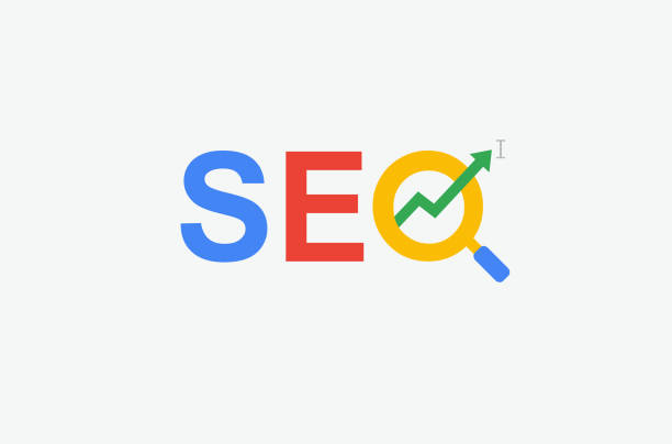 ilustrações, clipart, desenhos animados e ícones de seo (optimização do search engine) mínimo plana com logotipo símbolo do vidro, seta e cursor de ampliação. multi cor projeto. - motor de busca