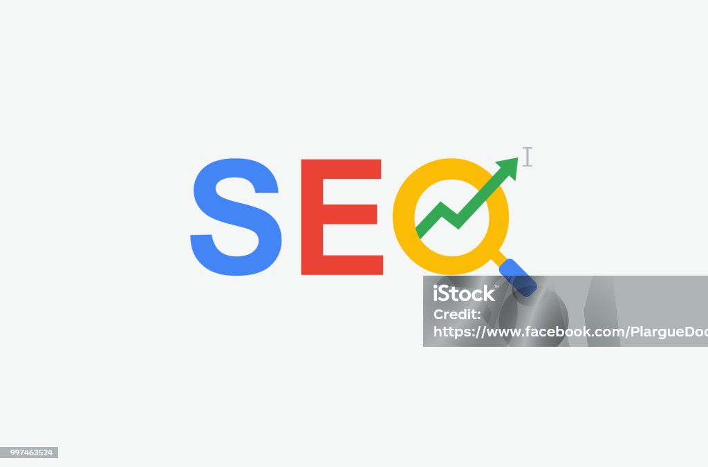 SEO (search engine optimization) minimal flat logo with magnifying glass, arrow and cursor symbol. multi color design. Search Engine stock vector