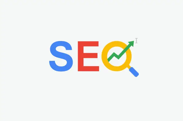 Vector illustration of SEO (search engine optimization) minimal flat logo with magnifying glass, arrow and cursor symbol. multi color design.