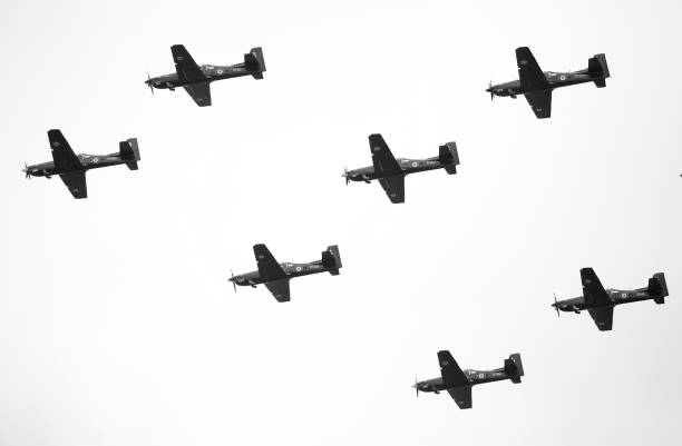 Seven Tucano Z1 planes flying over London to celebrate the 100th Anniversary of the Royal Air Force stock photo