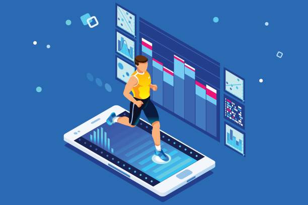 Running Workout for Wellness Isometric man running. Workout for wellness and activity of muscles. Male healthcare. Flat isometric vector illustration isolated on white background. professional runner stock illustrations
