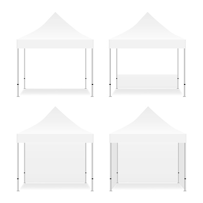 Set of blank outdoor promotional square tents mockup isolated on white background. Vector illustration
