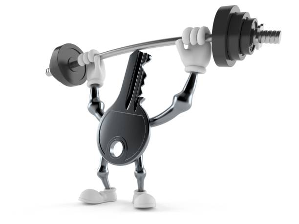 istock Door key character lifting heavy barbell 997514508