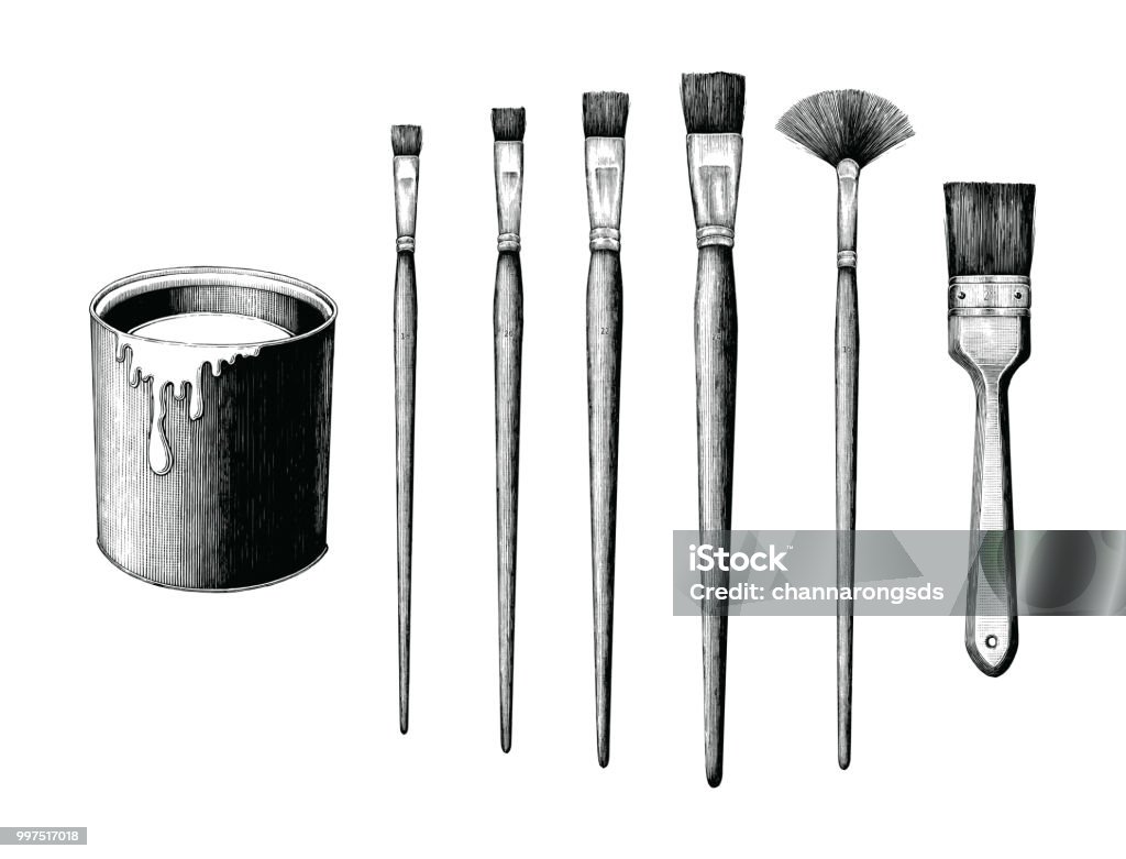 Vintage paint brushes set and paint can hand drawing clip art isolated on white background Paintbrush stock vector