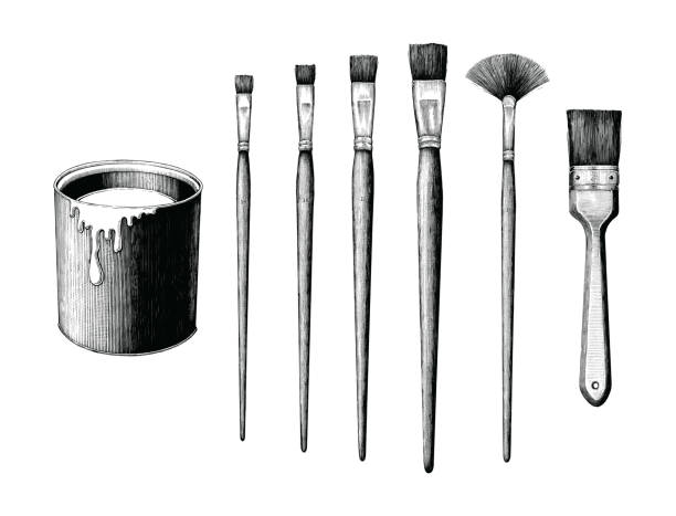 Vintage paint brushes set and paint can hand drawing clip art isolated on white background Vintage paint brushes set and paint can hand drawing clip art isolated on white background paintbrush illustrations stock illustrations