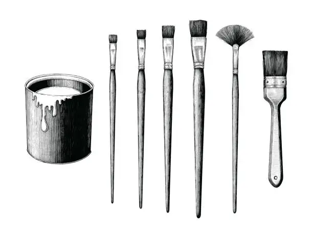 Vector illustration of Vintage paint brushes set and paint can hand drawing clip art isolated on white background