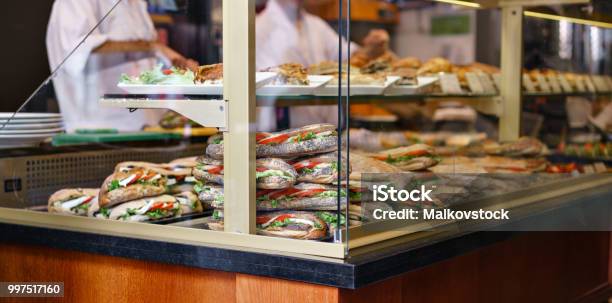 Croissant With Ham And Cheese Hot Pastries Lie On The Shelf In The Cafe Buns And Bagels In The Store Stock Photo - Download Image Now