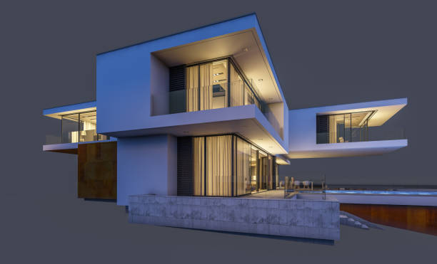 istock 3d rendering of modern cozy house at night isolated on gray. 997523976