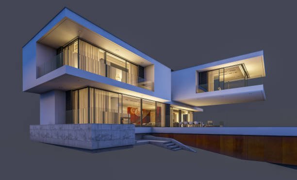 istock 3d rendering of modern cozy house at night isolated on gray. 997524006