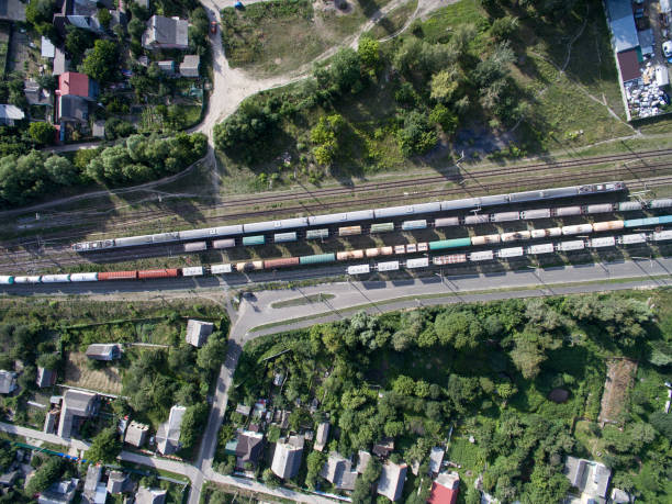 istock railway, trains with wagons, view from above 997524336