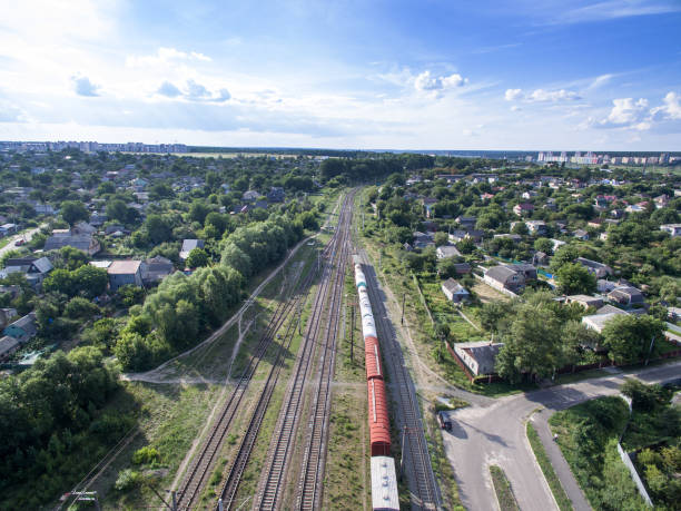 istock railway, trains with wagons, view from above 997526638