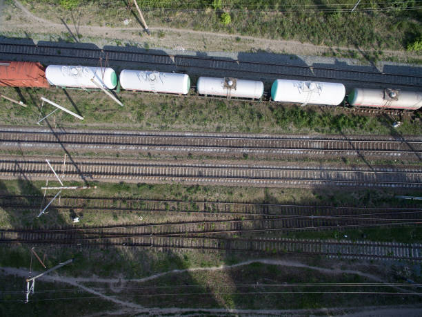 istock railway, trains with wagons, view from above 997526822