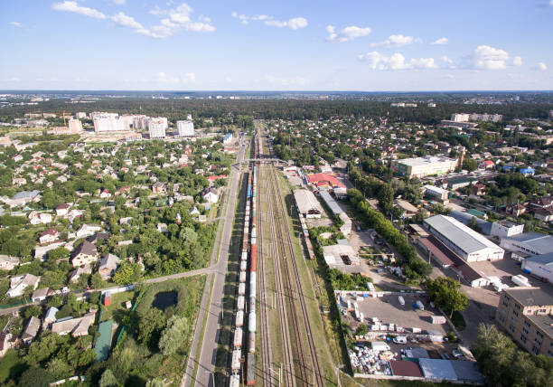 istock railway, trains with wagons, view from above 997527052