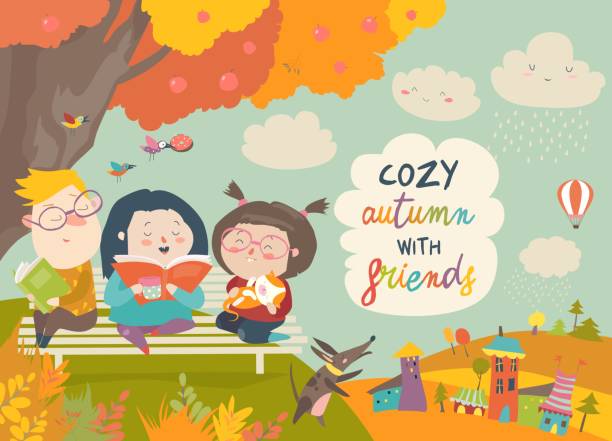 ilustraciones, imágenes clip art, dibujos animados e iconos de stock de niños felices leyendo libros en parque de otoño - dog school illustrations