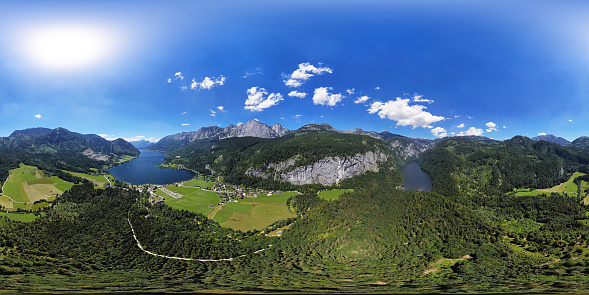 360x180 degree full spherical (equirectangular) aerial panorama of  Toplitzsee and Grundlsee, Austria