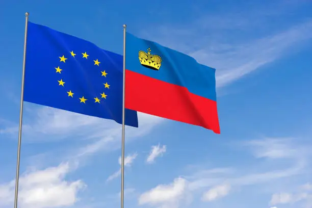 European Union and Liechtenstein flags over blue sky background. 3D illustration