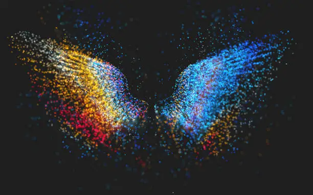 Abstract multi colored particles in the shape of wings on a dark background