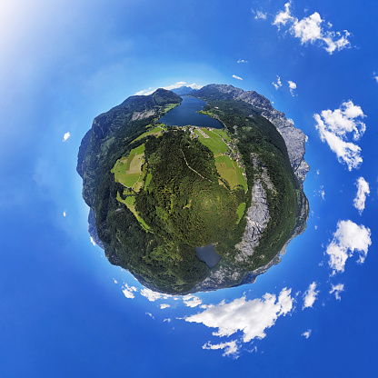 Little planet aerial of Toplitzsee and Grundlsee, Austria