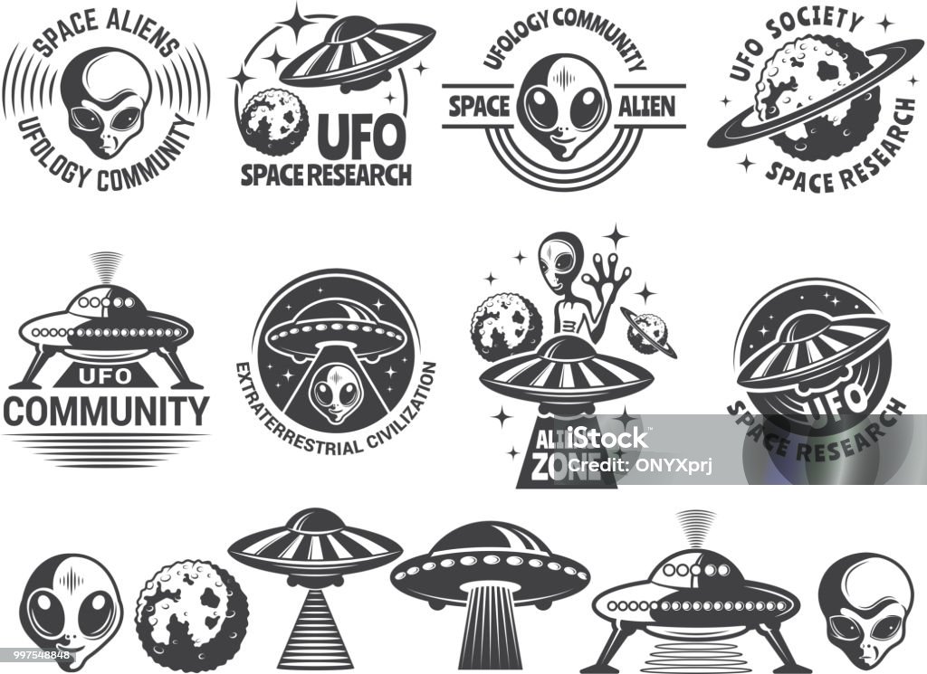 Badges set with ufo and aliens. Vector design templates with place for your text Badges set with ufo and aliens. Vector design templates with place for your text. Ufo explore, civiliztion research, society ufology illustration Alien stock vector