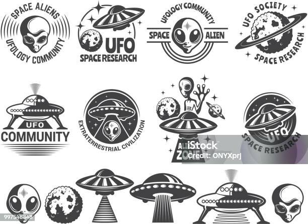 Badges Set With Ufo And Aliens Vector Design Templates With Place For Your Text Stock Illustration - Download Image Now