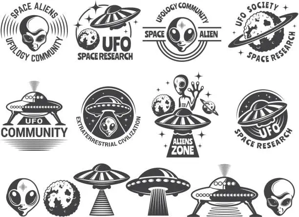 Vector illustration of Badges set with ufo and aliens. Vector design templates with place for your text