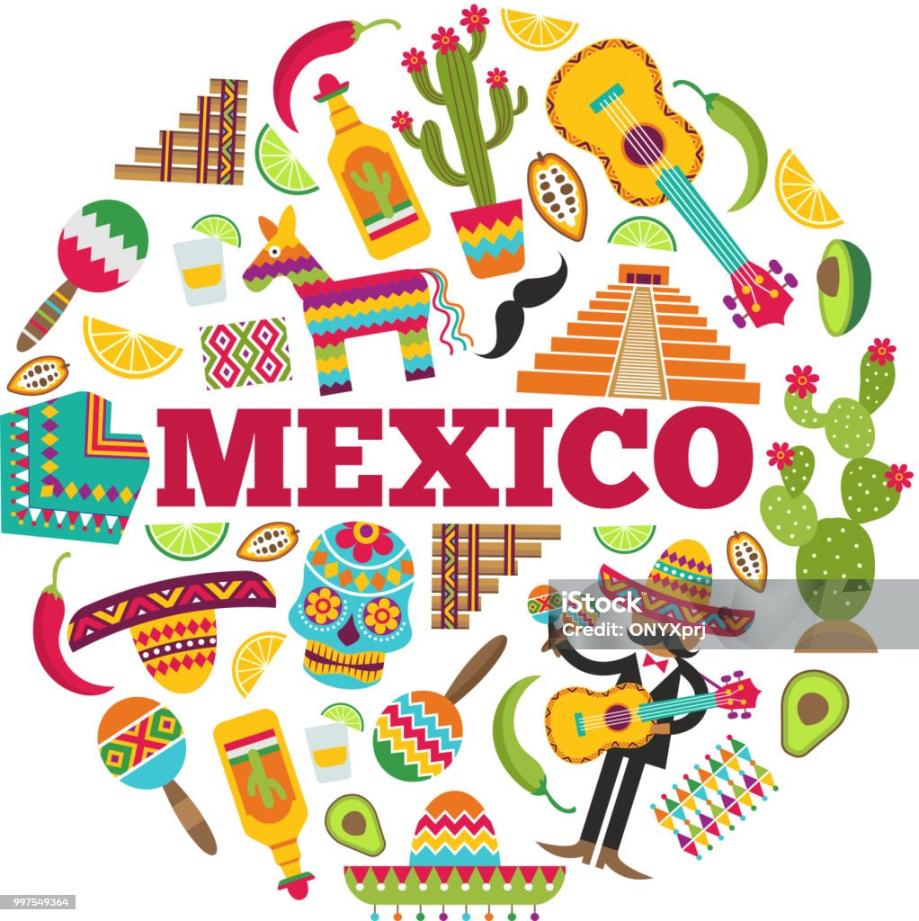 Mexican symbols. Circle shape with various colored pictures of mexican icons Mexican symbols. Circle shape with various colored pictures of mexican icons. Mexican colorful, cactus and skull, sombrero and guitar, vector illustration Art stock vector