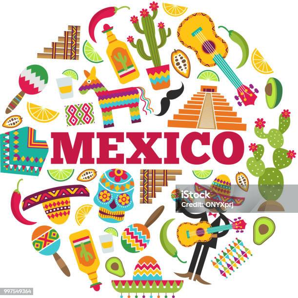 Mexican Symbols Circle Shape With Various Colored Pictures Of Mexican Icons Stock Illustration - Download Image Now